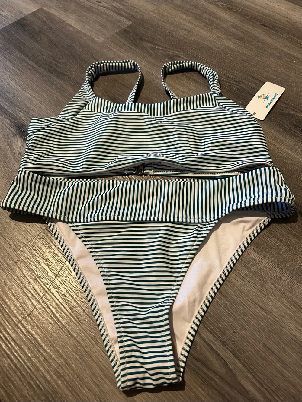 Striped Green and White women’s Two-Piece Swim Set